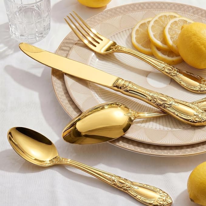 OSVSEE Vintage Silverware Set, 18/10 Stainless Steel Flatware Set for 4 | Heavy Duty Flatware with Royal Palace Handles, Mirror Polished Cutlery, Dishwasher Safe Silverware for Weddings & Gift Giving