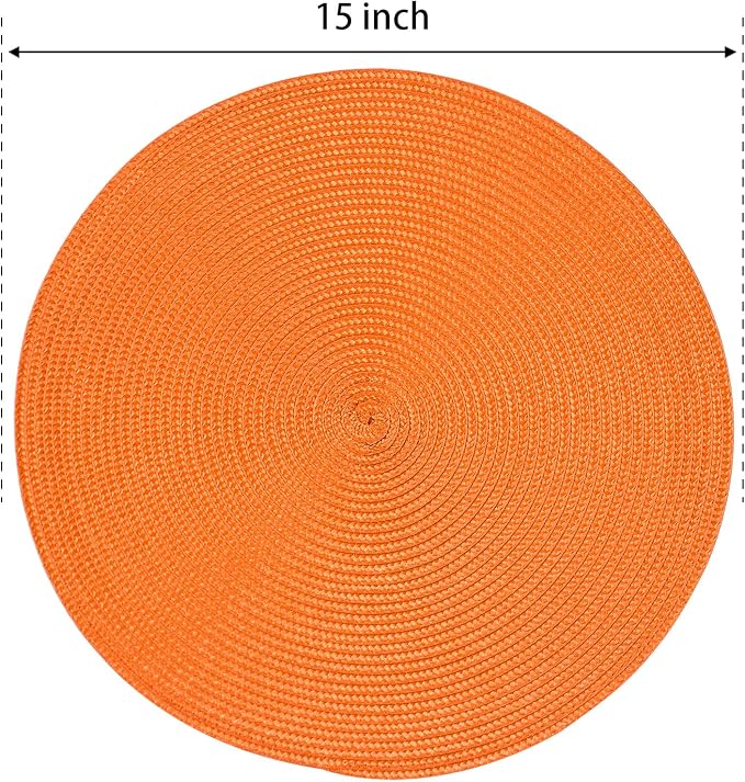 FunWheat Round Braided Placemats Set of 8 Place Mats for Dining Table Woven Washable Non-Slip Table Mats 15 Inch(Orange,8pcs)