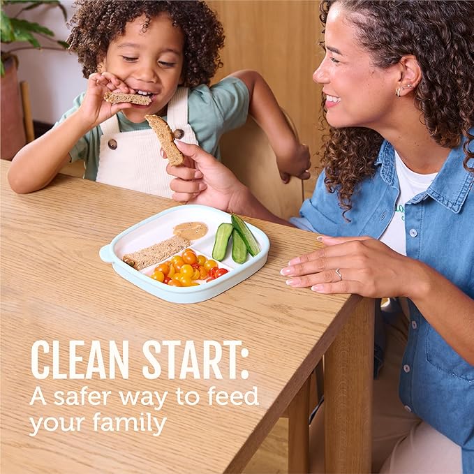 Ello Clean Start Ceramic Toddler Divided Plates, 2 Pack, Cashmere Pink/Dune | Porcelain toddler tableware for meals and snacks with silicone sleeves, microwave safe, dishwasher safe, and BPA-free