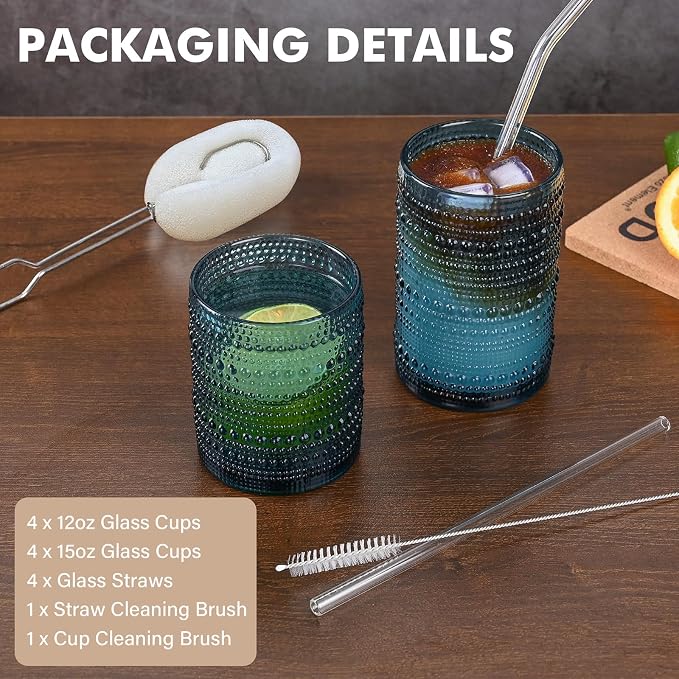 ZMOWIPDL 12oz & 15oz Hobnail Drinking Glasses,Blue Glass Cups Set of 8 | Vintage Highball Glassware，Kitchen Drinkware，Embossed Water Tumbler,for Beer,Cocktail,Whiskey,Juice,Various Mixed Drinks