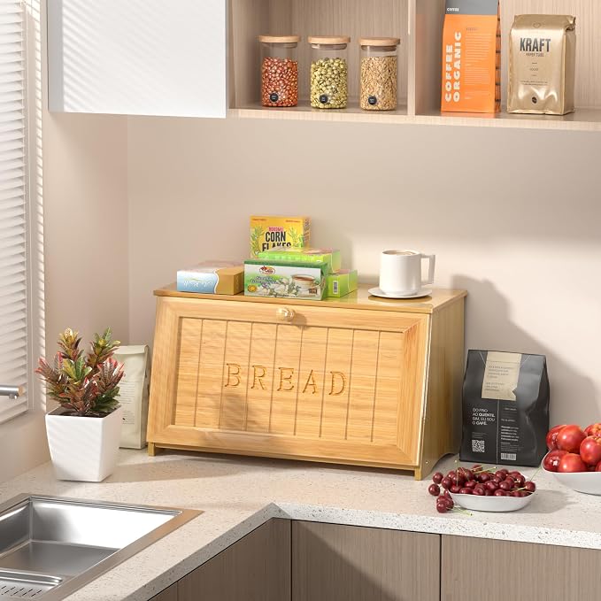 Vintage Bread Box for Kitchen Countertop, Retro Design Bread Storage Container, Farmhouse Wooden Counter Breadbox, Small Bamboo Bread Bin Holder for Homemade Bread, Natural
