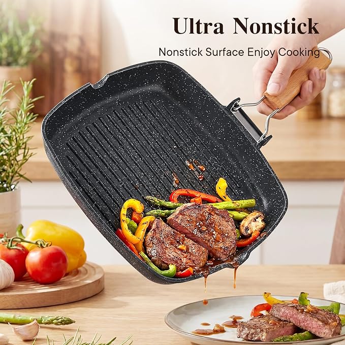 GiPP Nonstick Grill Pan with Folding Handle,Square Grill Skillet, Grilling Pan with Pour Spouts, Versatile Griddle Steak Pan for All Stove,PFOA Free,13.4 Inch