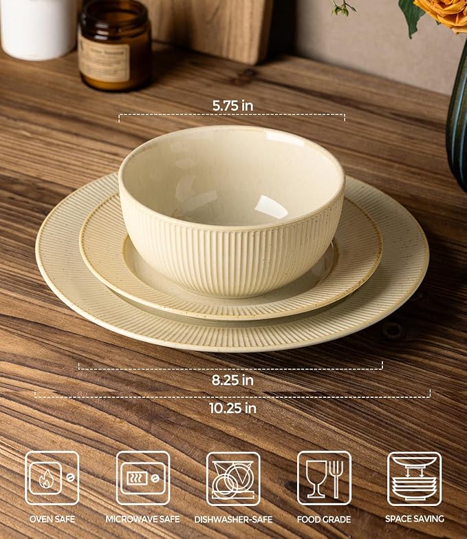 Ceramic Dinnerware Set for 4, 12-Piece Plates and Bowls Set | Lightweight Porcelain Dish Set, Scratch Resistant, Oven & Microwave & Dishwasher Safe, Cream Latte