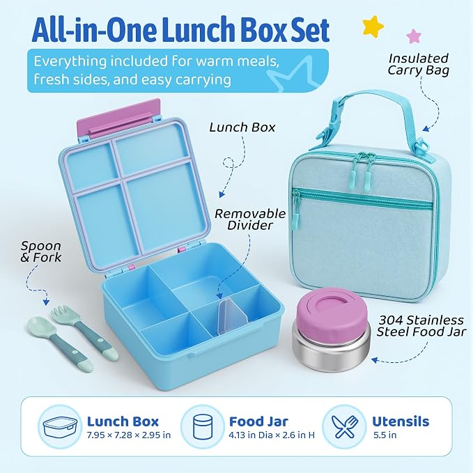 Bento Box for Kids with Thermo Food Container (9oz), 4-Compartment Lunch Box, Adjustable Divider, Leakproof Bento Lunch Box, Includes Utensils & Carry Bag for School, Office(Light Blue)