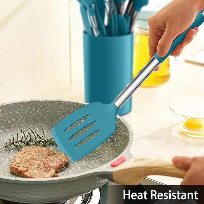 LIANYU 15-Piece Kitchen Cooking Utensils Set with Holder | Silicone Kitchen Tools Stainless Steel Handle, Slotted Spatula Spoon Turner Tong Whisk Brush for Cooking, Dark Blue