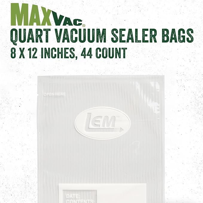 LEM Products MaxVac Quart Vacuum Sealer Bags, 8" x 12", 44 Count | Puncture Resistant, Compatible with Major Vacuum Sealer Brands, Helps Prevent Freezer Burn and Preserves Freshness and Flavor