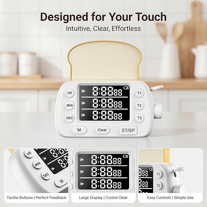 Digital Kitchen Timer for Cooking Magnetic Countdown Timers White | 3-Channel with Memory Preset for Baking, Toaster, Eggs Includes Memo Notes