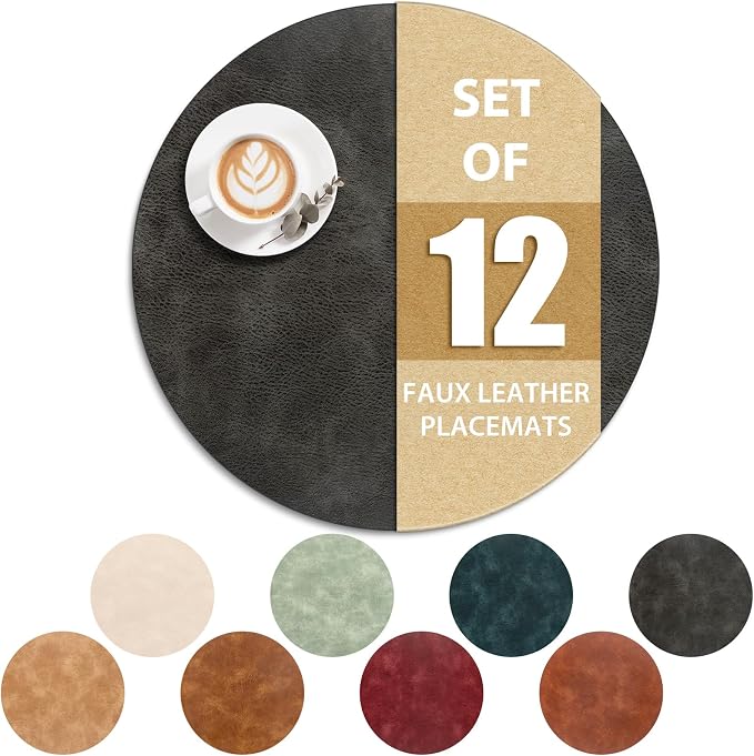 ADRIMER Placemats, Heat Resistant Round Placemats Set of 12 Washable, Waterproof Table Mats, Wipeable Faux Leather Place Mats for Kitchen, Dining Room, Dark Grey