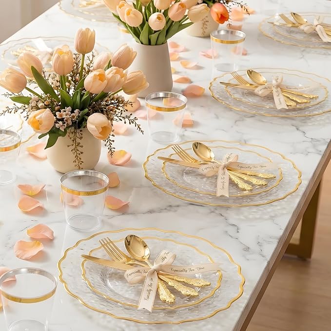 120PCS Gold Plastic Silverware, Vintage Disposable Utensils & Cutlery | 40 Fancy Forks, Spoons, Knives, Heavy Duty, BPA-Free, for Party, Weddings, Birthday & Holiday