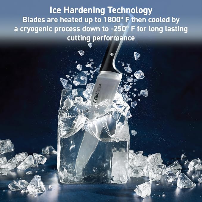 T-Fal Ice Force Kitchen Knife Set, 3-Piece, German Stainless Steel | X50CrMoV15 steel, Ice hardening up to 1800F/-250F, 26-degree cutting edge, Ergonomic finger guard handle, Hand wash only