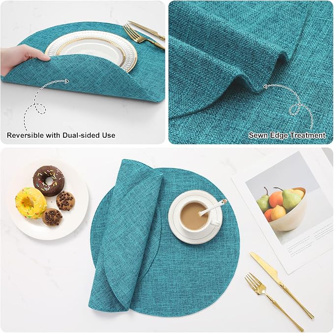 Cotton Linen 15 Inch Round Cloth Place mats, Set of 6, Teal | Washable Table Mats, Heat Resistant, Reversible, Wipeable Place Mats for Indoor Outdoor