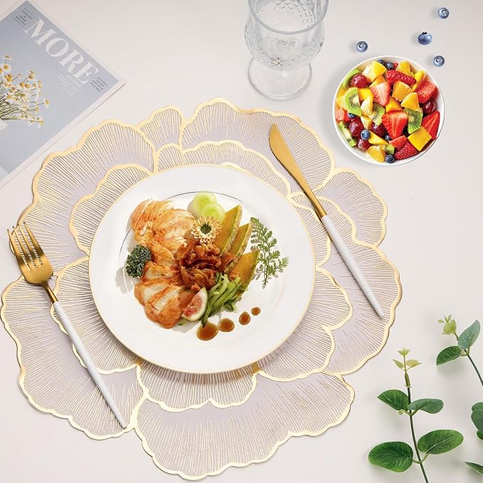 Evevda 15 Inch Gold Floral Shaped Vinyl Placemats for Dinner Table Set of 6 | Plastic Dining Table Mats Non-Silp Waterproof Washable for Wedding Annersary Kitchen Decoration