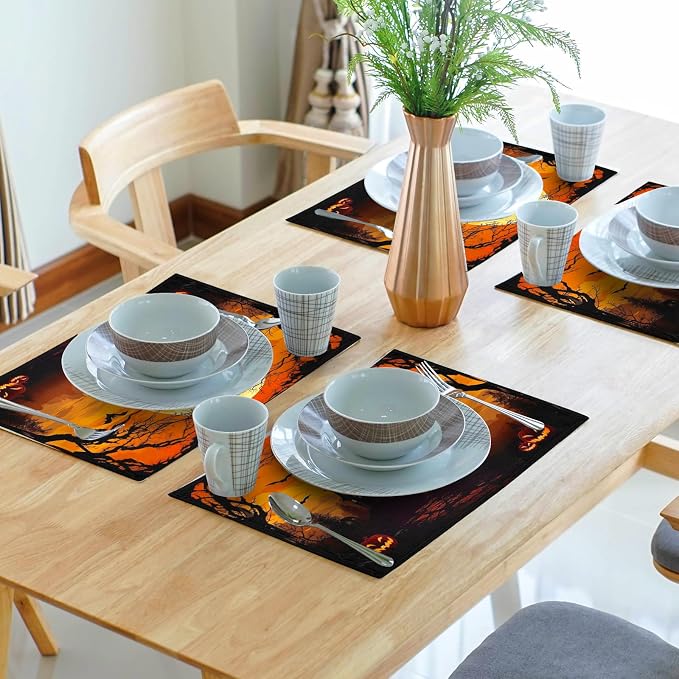 Halloween Witch Placemats Set of 6 18x12 Inch Bat Castle Pumpkin Linen Place Mats Heat-Resistant Washable Wipeable Holiday Table Mat for Party Kitchen Dining Room Dinner Table Decor