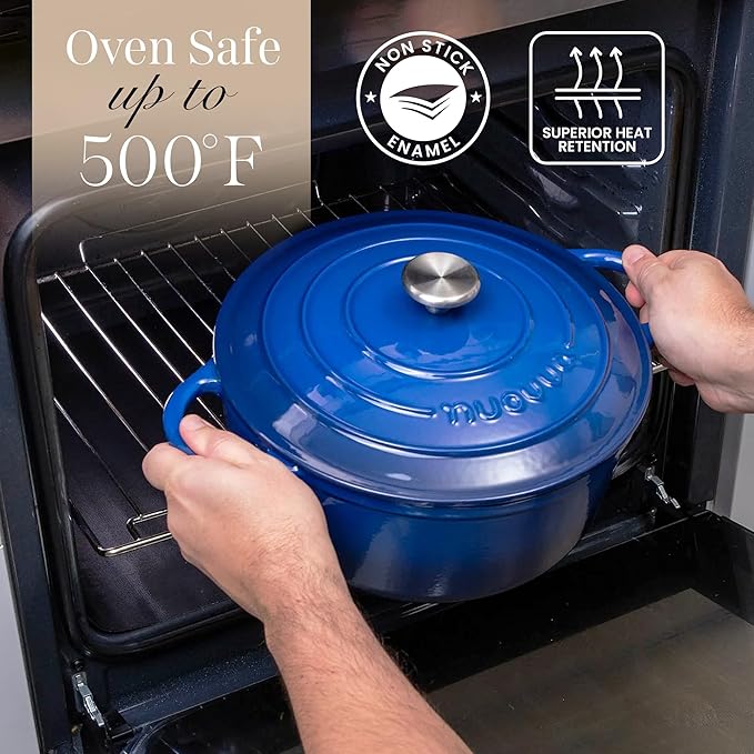 Cast Iron Pot with Lid-Non-Stick Ovenproof Enamelled Casserole Pot, Oven Safe up to 500° F-Sturdy Dutch Oven Cookware - Dark Blue, 5-Quart, 24cm by- Nuovva