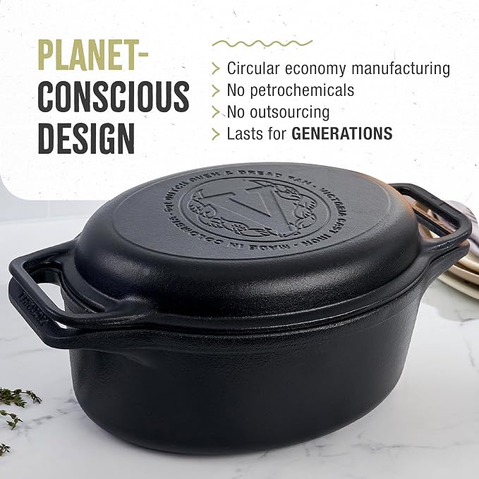 Victoria 6-Quart Cast Iron Oval Dutch Oven, Combination Combo Cooker Pot and Skillet, Bread Baker, Made in Colombia, 2-Piece Set | Combination Combo Cooker Pot and Skillet Lid, Bread Baker, Made in Colombia