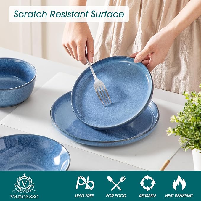 vancasso ANYA 24 Pieces Plates and Bowls Set, Blue Dinnerware Sets, Reactive Glaze Dishes Set for 6, Ceramic Dishware Sets Kitchen Dinner Set, Microwave & Dishwasher Safe