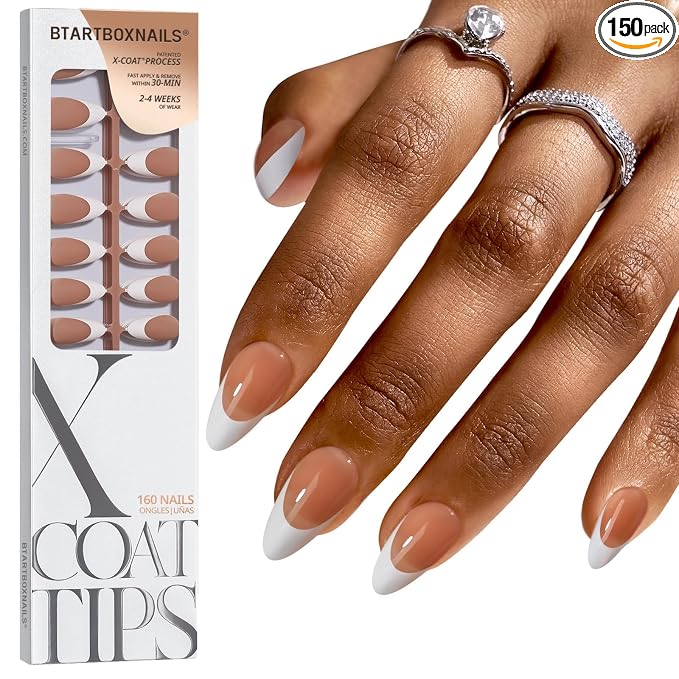 BTArtboxnails XCOATTIPS White French Tip Press On Nails, M Almond, Brown | Lamp-Curable, 4-Week Wear, Salon Quality Value at Home, Natural Nail Look, Easy-to-Apply for Beginners, 160Ct Nail Tips Only