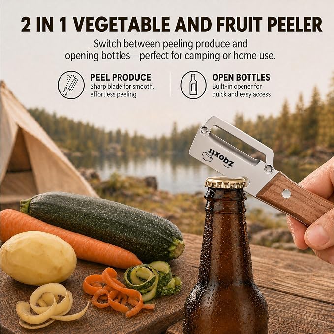 2-in-1 Multifunctional Vegetable Peeler with Bottle Opener | Wide Stainless Steel Blade and Non-Slip Wooden Handle, Kitchen Peeler for Potato, Apple, Pumpkin, Fruit and Vegetables