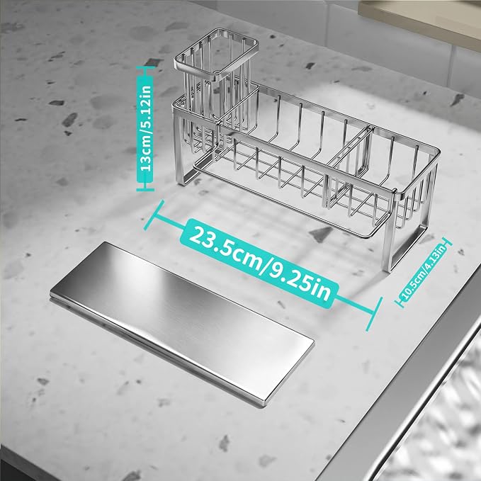 HapiRm Sponge Holder for Kitchen Sink - Self-draining Rustproof Organizer | Sloping Self-draining, Detachable Brush Holder, Stores Sponges, Brushes & Dishcloth, For Countertop Storage, Silver