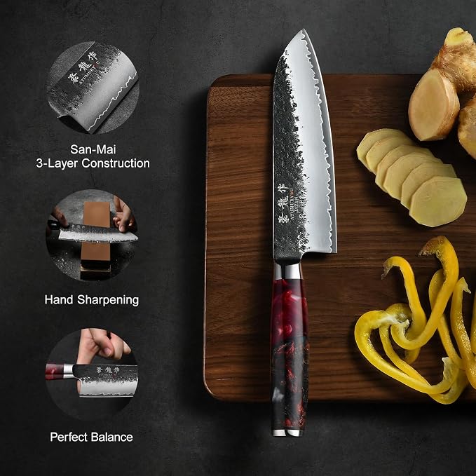 7'' Japanese Santoku Chef Knife, Black Forged 3-Layer VG10 Steel Core | San-Mai Kurouchi Finish, 62 HRC Hradness, Smooth Push Cuts, Balanced Blade Control, Resin Wood Handle, Premium Gift Box