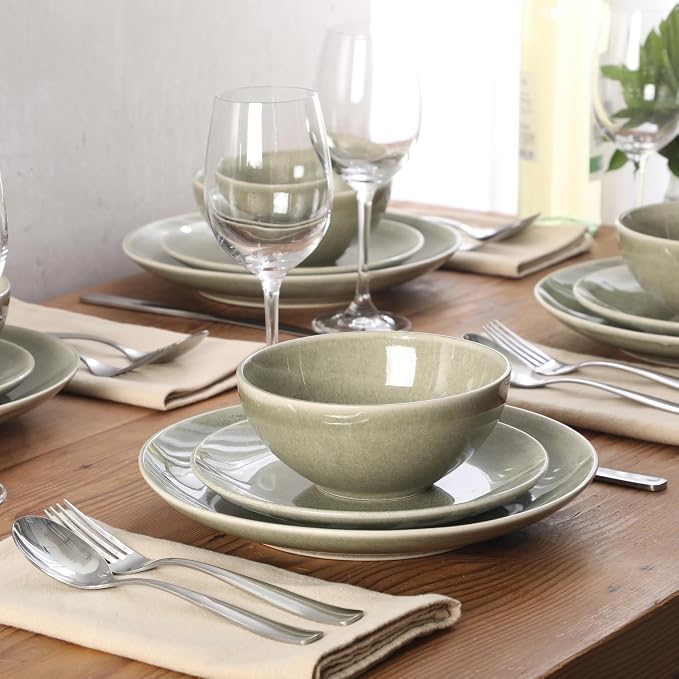 Gibson Elite Castle Peak Plates and Bowls Set, 12-Piece Dinnerware Set, Green Reactive Glaze Stoneware Dishes, Dinner Plates, Salad Plates & Cereal Bowls