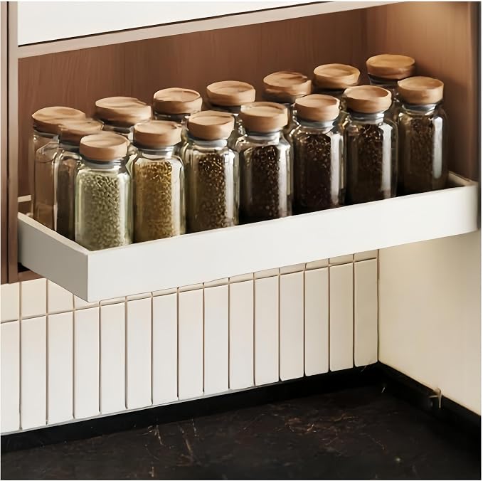 Fokyfok Pull out Cabinet Organizer,18"-25"W,10"-13"D,Expandable,Adhesive | No Drill,Upper Cabinet,Adjustable Slide out Drawers for Pantry,Roll out Shelves Short,Framless Cabinets,Kitchen,White,1PC