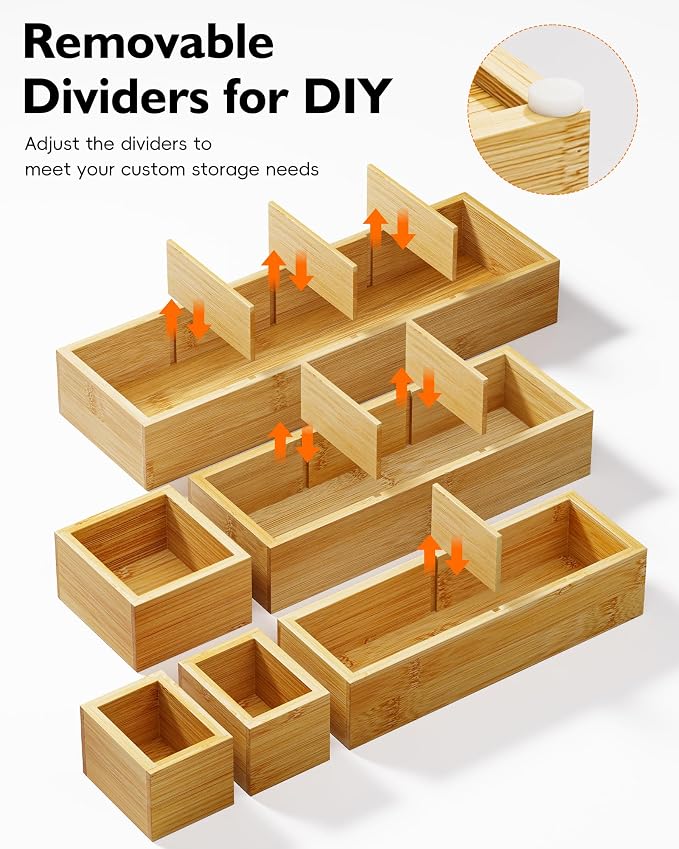 Bamboo Drawer Organizer Set, 6 PCS Trays with 12 Compartments | Natural Bamboo, Flexible Modular Trays, Water-Resistant, Stackable Design, Adjustable, Excellent Organization, Easy to Clean