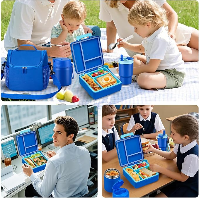 Bento Lunch Box for Kids with 17oz Soup Thermo,Insulated Tumbler Water Bottle and Insulated Lunch Bag,Leak-Proof 3 Compartment Lunch Food Container with Ice Pack for Kids to School-Blue