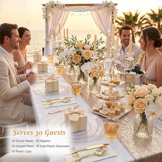 KIRE 210Pcs Clear Plastic Plates with Gold Rim for Wedding/Party | Include 60pcs Clear and Gold Plates, 30pcs Plastic Silverware, 30pcs Napkins and 30pcs Cups Serve 30 Guest