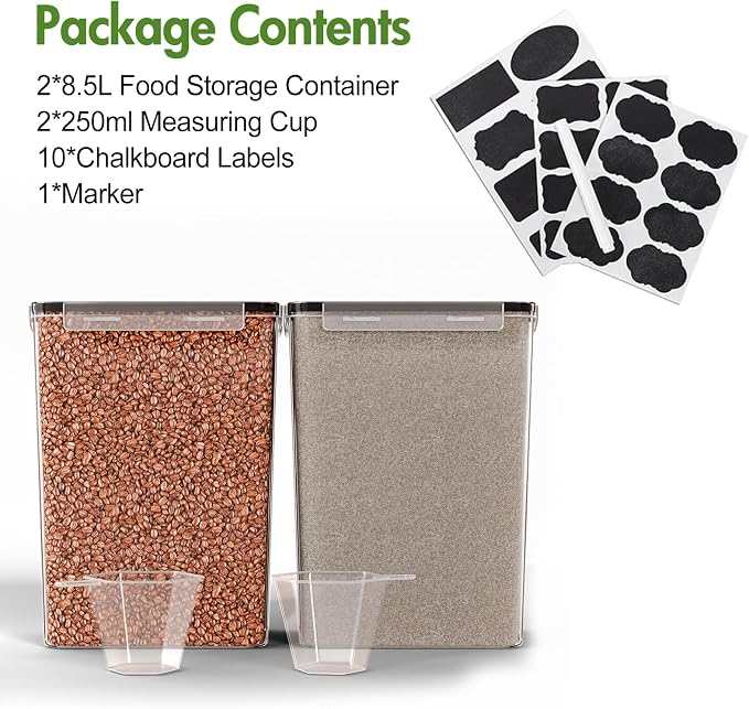 2PC Extra Large Bulk Food Storage Containers 8.5L 300Oz, BPA-Free | Cereal Containers Storage with Airtight Lids, Plastic Canisters for Flour, Sugar, Rice, Cereal, Coffee, Dried Fruits