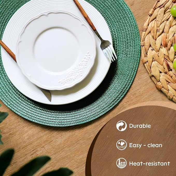 FunWheat Round Braided Placemats Set of 4 Table Mats for Dining Tables Woven Washable Non-Slip Place mats 15 inch(Black Green,4pcs)