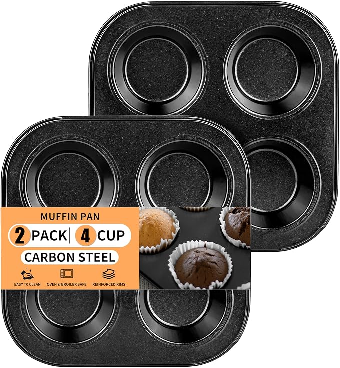 2 Pack 4-Cup 6/12/24/48 Cups Round Muffin Pan, Heavy-Duty Carbon Steel Nonstick Cupcake Baking Pan, 2.56” Standard Size Cups, Compact 7.28” Square Design, Oven & Dishwasher Safe