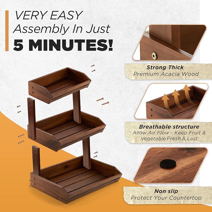 HOLANA Acacia Wood 3 Tier Fruit Basket, Durable, for Fruit and Vegetables | Solid Acacia Wood, Non-slip Pad, 20LBS Capacity, Slatted Design, Multi-Purpose Storage, Easy Assembly, Pantry Bin. Detachable