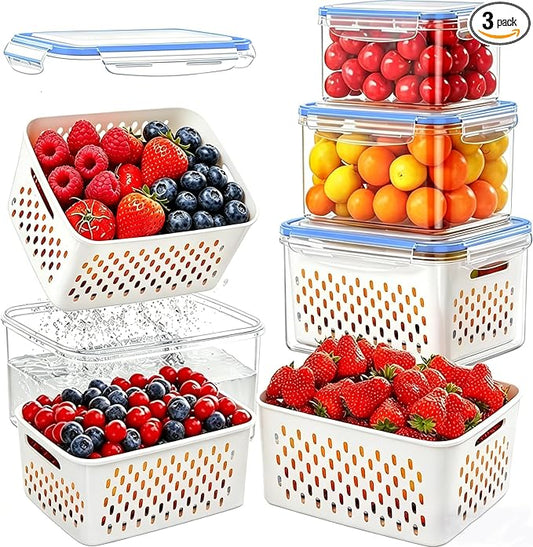 3 Pack Fruit Storage Containers for Fridge with Removable Colander – Airtight Produce Storage Containers with Lids, BPA-Free Berry Keeper for Vegetables, Lettuce & Meal Prep (29oz+59oz+112oz)