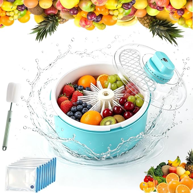 Automatic Fruit And Vegetable Spinner & Strainer, Fruit Washer and Spinner with Brush, Electric Fruits Washer Spinner Bowl, Fruits Cleaner Spinner with Non-slip Base, for Kitchen Prep