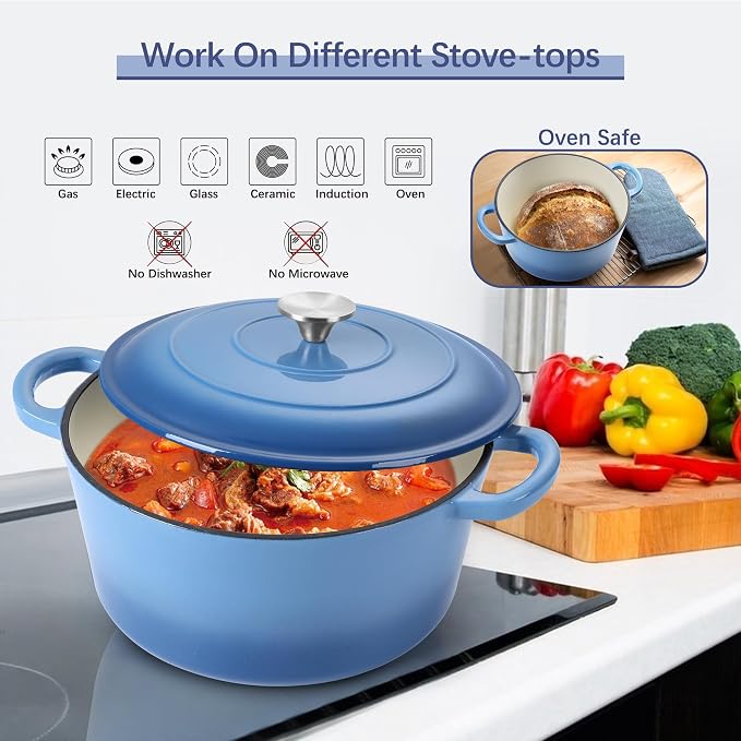 E-far Dutch Oven Pot with Lid, 5 Quart Enameled Cast Iron Round Dutch Oven Stockpot for Bread Baking/Braising/Cooking/Roasting/Stewing, Heavy Duty Nonstick Cookware Safe for Induction & Oven - Blue