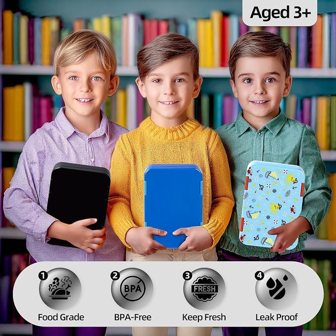 Bento Lunch Box for Kids, 5/6 Compartments, 3 Cups, Black | 5/6 Compartments, 3 Cups, BPA Free, Dishwasher Safe, for Kids, Back to School, On-the-Go Meal, Ages 3+, School