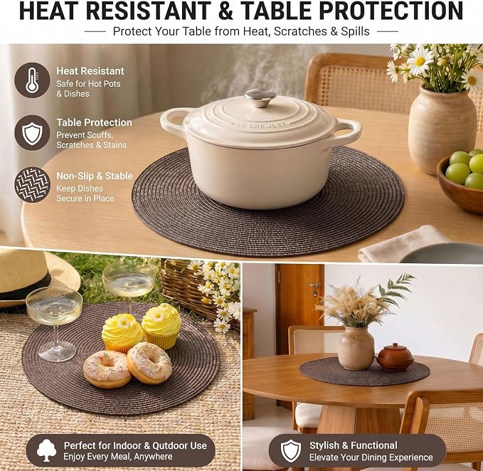 FunWheat Round Braided Placemats Set of 8 Place Mats for Dining Table Woven Washable Non-Slip Table Mats 15 Inch(Brown,8pcs)