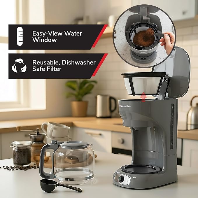 MUELLER HOME 12-Cup Drip Coffee Maker, Gray | Borosilicate Carafe, Auto-Off, Reusable Filter, Anti-Drip, Keep-Warm Function