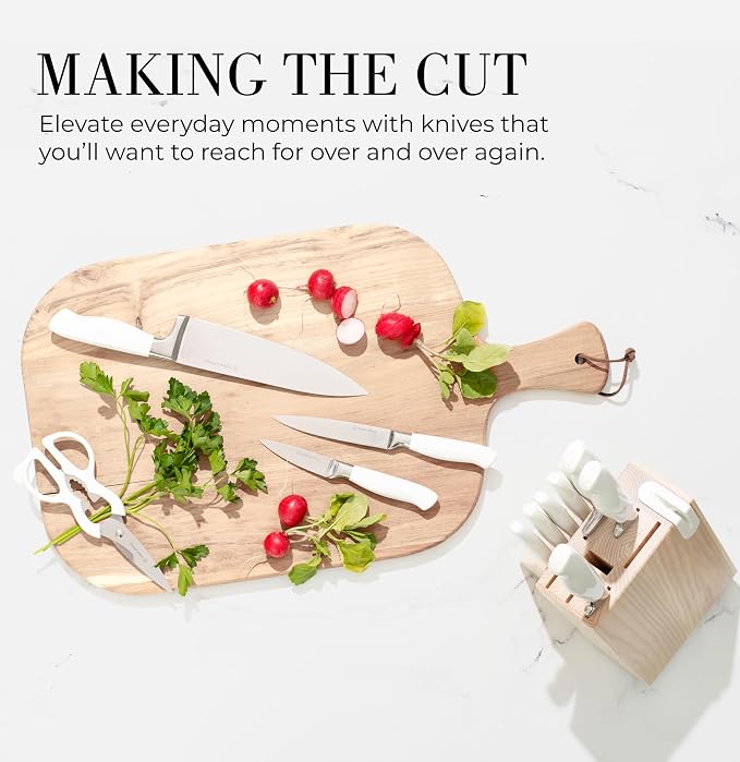 Styled Settings White Knife Set with Block and Sharpener, 14-Piece | High Carbon Stainless Steel Knives with Ashwood Block and Built-In Sharpener - Durable White Kitchen Accessories for Cooking