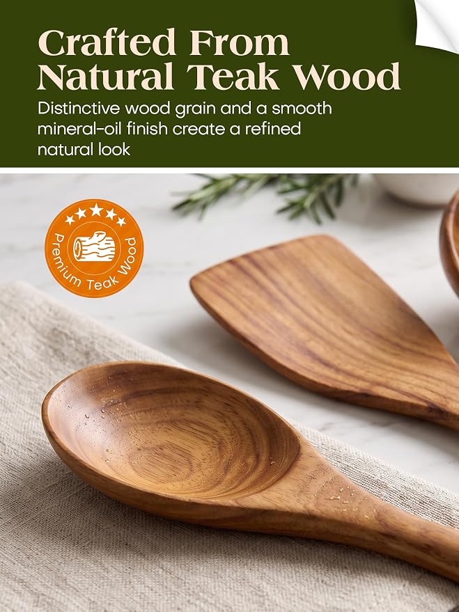 Nonstick Wooden Utensil Set for Cooking, Handmade Smooth Finish Teak Wood Spoons Spatula Turner for Cooking and Kitchen Gifts (7Pcs)