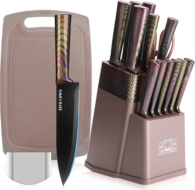 16-Piece Kitchen Knife Block Set with Cutting Board - German Stainless Steel Knives, Built-In Sharpener, Dishwasher Safe, Anti-Slip Handle - All-in-One Cutlery Set for Home/Kitchen (Pink)