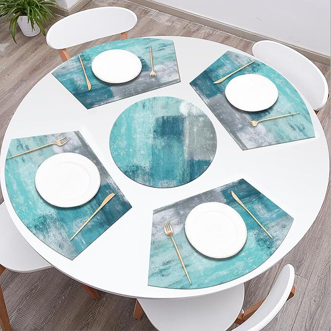 SHACOS Small Round Table Placemats Set of 5 Woven Vinyl Wedge Placemats with Centerpiece Round Table Mats Wipe Clean, Turquoise Grey Abstract Painting