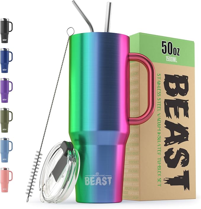 Beast 50 oz Tumbler with Handle Stainless Steel Vacuum Insulated Coffee Ice Cup Double Wall Travel Flask (Rainbow)