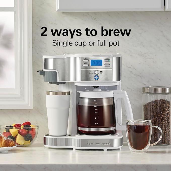 Hamilton Beach 2-Way Programmable Coffee Maker & Single Serve Coffee Maker | 12 Cup Glass Carafe | White with Stainless Steel Accents | 49933