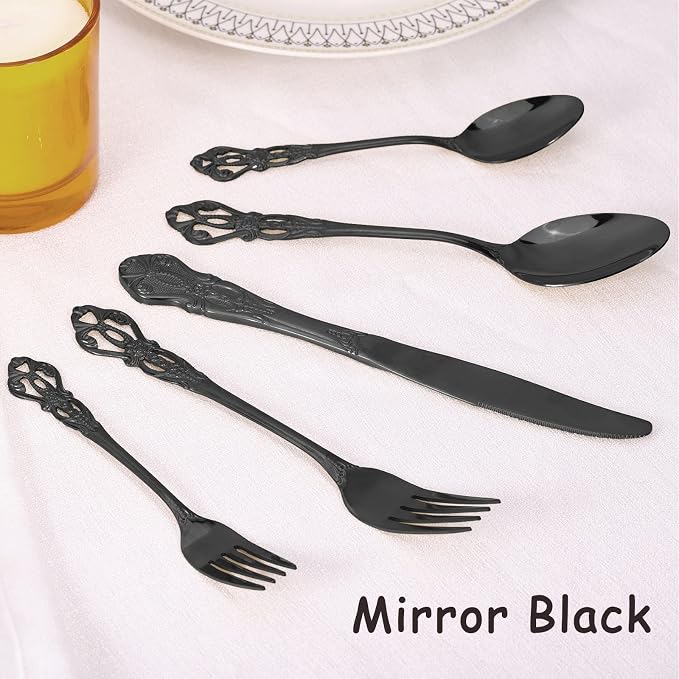 Black Silverware Set for 8, Stainless Steel Gorgeous Retro Royal Flatware Set, 40-Pieces Cutlery Tableware set, Kitchen utensils set Include Spoons And Forks Set, Mirror Finish, Dishwasher Safe