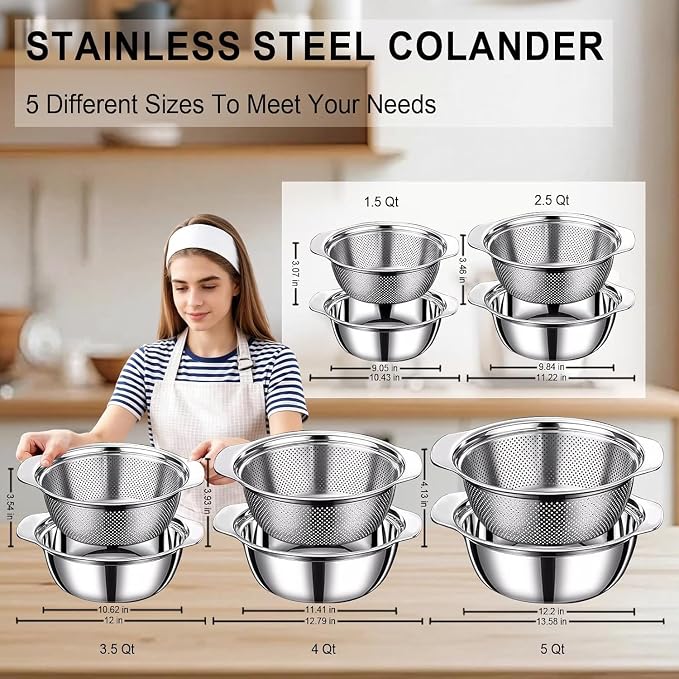Stainless Steel Colander, 2.5 QT 9.85 Inch Colander for Kitchen with Handle | 304 Strainers and Colanders, Rice Strainer with Mixing & Washing Bowl for Washing Vegetables, Fruits, Rice and Pasta