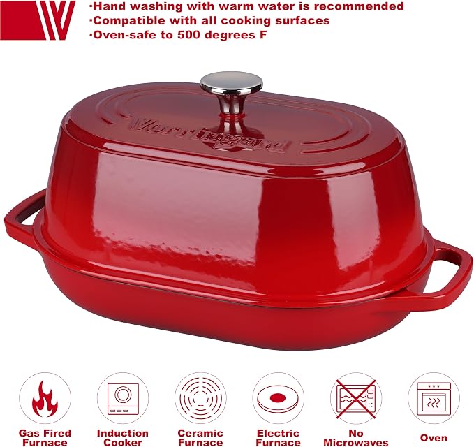 Enameled Cast Iron Dutch Oven Pot with Dome Lid, Oval Bread Oven for Homemade Sourdough Bread Baking, Oven Safe up to 500°F, 6 Quart, Red