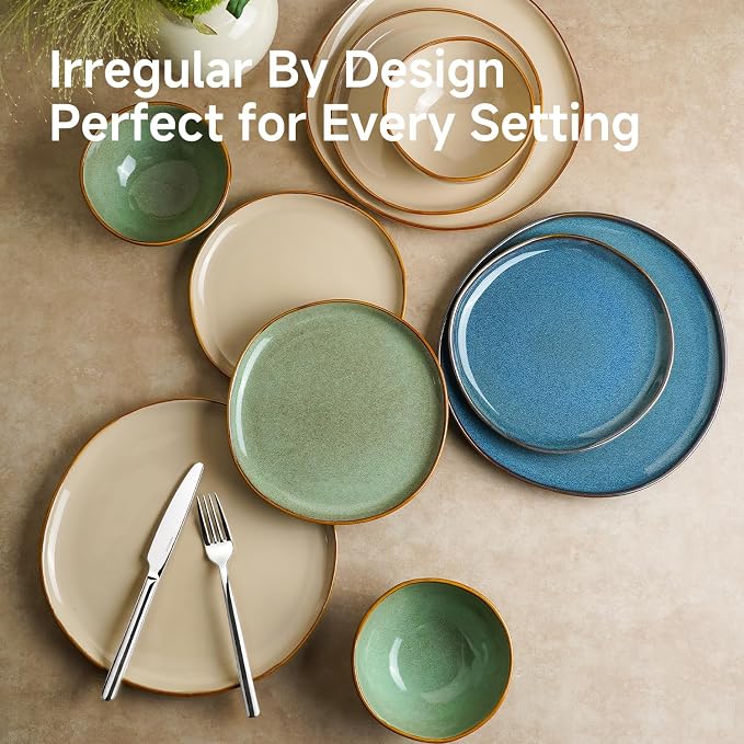 Stoneware Dinnerware Sets for 4, Reactive Glaze Plates and Bowls, Blue | 12-Piece Handcrafted Rustic Porcelain Dishes Set, Highly Scratch Resistant, Dishwasher & Microwave Safe