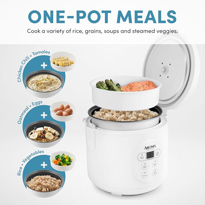 Aroma Housewares 8-Cup (Cooked) (4-Cup UNCOOKED) Digital Rice Cooker and Food Steamer (ARC-914D),White